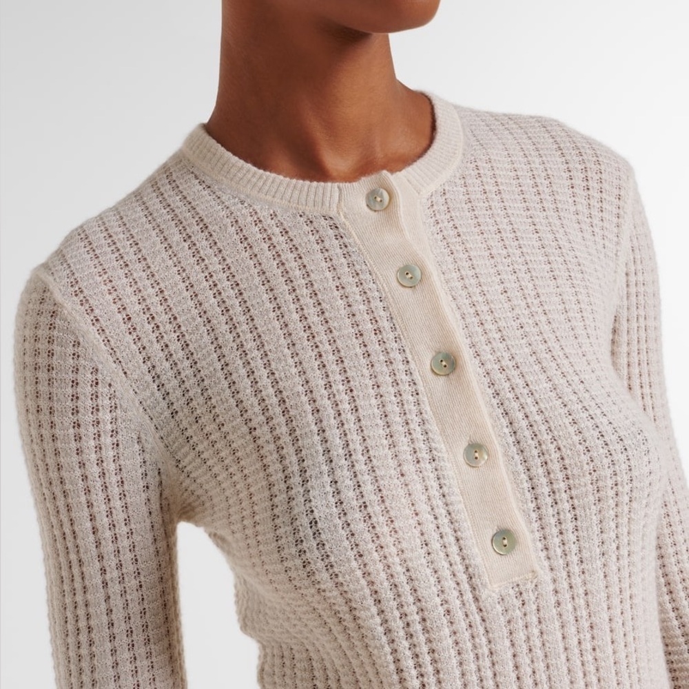 NWT Vince Off-White Waffle-Knit Cashmere-Silk Henley Sweater | Size S - Picture 3 of 16